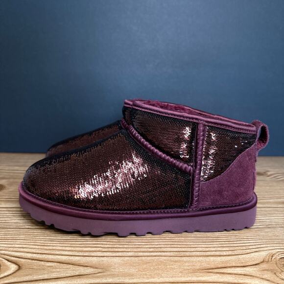 UGG Classic Ultra Mini Mirror Ball Booties Sz 7 Sequin Burgundy Cherry Maroon - Picture 6 of 10